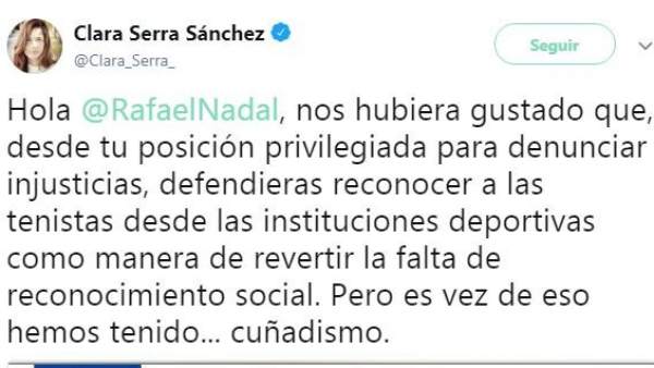 Clara Serra, diputada de Podemos, critica las declaraciones de Rafa Nadal. Clara Serra, diputada de Podemos, critica las declaraciones de Rafa Nadal.
