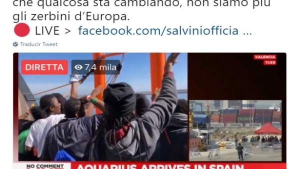 Tuit del ministro del Interior italiano, Matteo Salvini sobre el Aquarius Tuit del ministro del Interior italiano, Matteo Salvini sobre el Aquarius