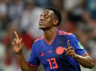 Yerry Mina celebra su gol en el partido entre Colombia y Polonia de Rusia 2018.