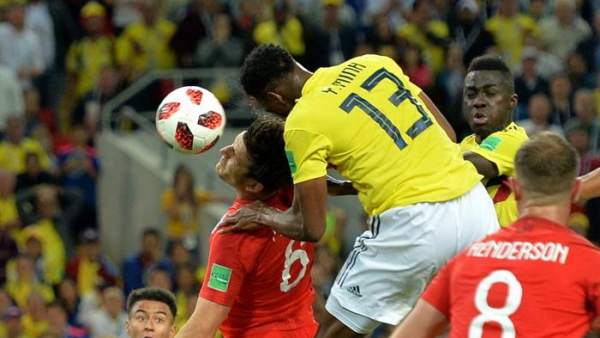 Yerry Mina, anotando el tanto del empate entre Colombia e Inglaterra de Rusia 2018. Yerry Mina, anotando el tanto del empate entre Colombia e Inglaterra de Rusia 2018.