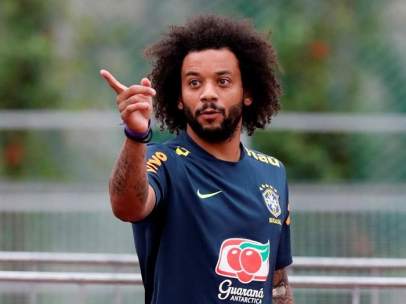 Marcelo, en un entrenamiento con la selección brasileña.