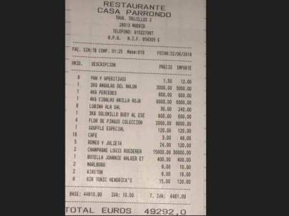 Factura de casi 50.000 euros en el restaurante asturiano Casa Parrondo de Madrid.
