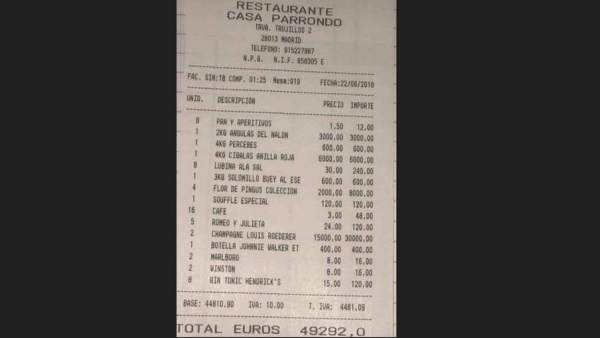 Factura de casi 50.000 euros en el restaurante asturiano Casa Parrondo de Madrid. Factura de casi 50.000 euros en el restaurante asturiano Casa Parrondo de Madrid.