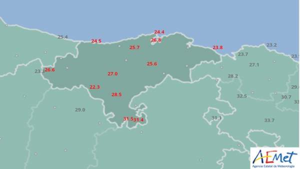 Mapa de Cantabria de temperaturas máximas el 12 de agosto de 2018 Mapa de Cantabria de temperaturas máximas el 12 de agosto de 2018