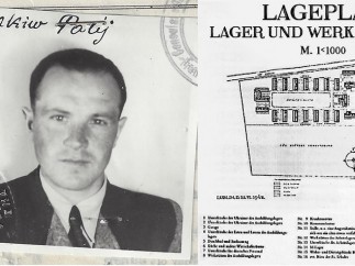 Imagen de la visa estadounidense de Jakiv Palij en 1949 junto al plano del campo de concentración para el que trabajó en Trawniki, Polonia