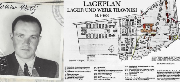 Imagen de la visa estadounidense de Jakiv Palij en 1949 junto al plano del campo de concentración para el que trabajó en Trawniki, Polonia