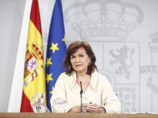 La vicepresidenta, Carmen Calvo, en la rueda de prensa posterior al Consejo de M