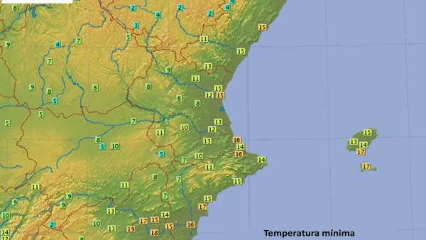 Temperaturas mínimas de este martes en la Comunitat Valenciana Temperaturas mínimas de este martes en la Comunitat Valenciana