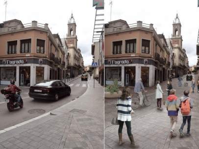 Imagen actual del eje de las calles Fulton y Horta (a la izquierda) y simulación de cómo quedará como 'superilla' tras convertirla en una plataforma única (derecha).