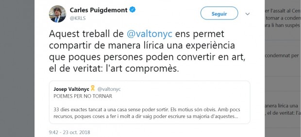 Puigdemont retuitea a Valtònyc
