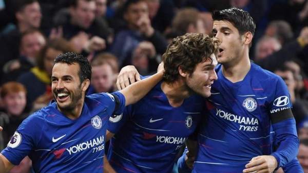 Morata, Pedro y Marcos Alonso celebran un gol con el Chelsea. Morata, Pedro y Marcos Alonso celebran un gol con el Chelsea.