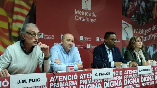 Imagen de la rueda de prensa de Metges de Catalunya con los doctores, J.M.Puig, O.Pablos, J.O'Farril y A.Roca. Imagen de la rueda de prensa de Metges de Catalunya con los doctores, J.M.Puig, O.Pablos, J.O'Farril y A.Roca.