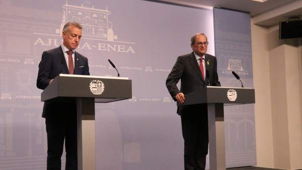 El lehendakari vasco, Iñigo Urkullu, y el president de la Generalitat, Quim Torra, en el palacio de Ajuria Enea. El lehendakari vasco, Iñigo Urkullu, y el president de la Generalitat, Quim Torra, en el palacio de Ajuria Enea.