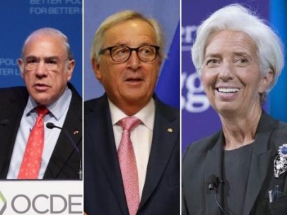Gurría (OCDE), Juncker (CE) y Largade (FMI).