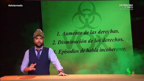 Dani Mateo, en 'El intermedio', y el 'virus de Vox'. Dani Mateo, en 'El intermedio', y el 'virus de Vox'.