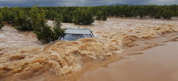 Coche atrapado en un campo anegado en Alginet (Valencia), lluvias, inundaciones