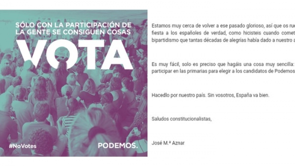 Imagen de la campaña de Podemos y una parte de la carta enviada a las bases Imagen de la campaña de Podemos y una parte de la carta enviada a las bases
