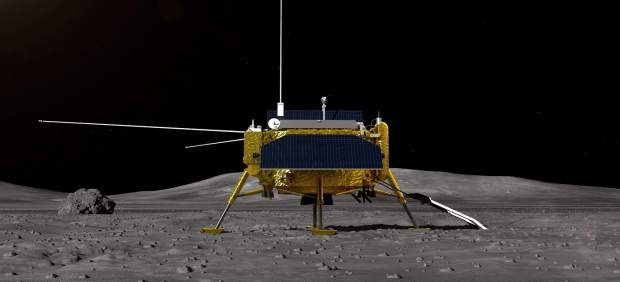 Recreación artística de la sonda Chang'e 4, alunizada en la cara oculta de la Luna