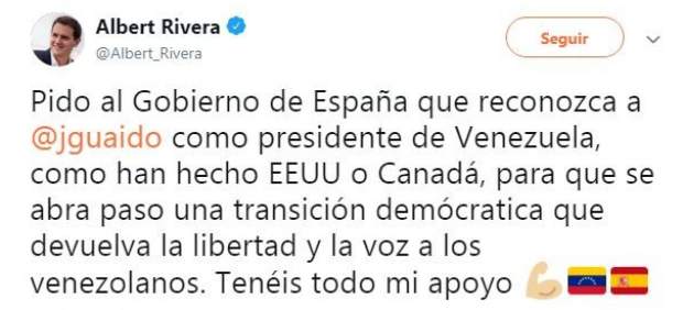 Albert Rivera pide por Twitter a Pedro Sánchez que reconozca a Juan Guaidó como Presidente de Venezuela.