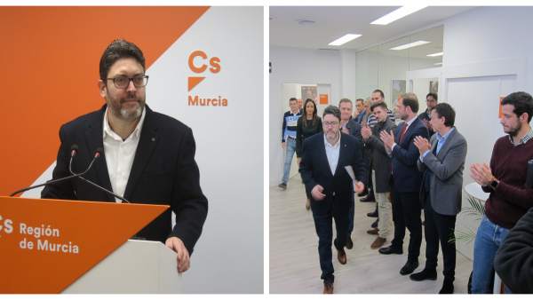 Miguel Sánchez, durante la rueda de prensa y aplaudido por compañeros del partid Miguel Sánchez, durante la rueda de prensa y aplaudido por compañeros del partid