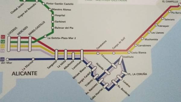 Nuevo plano del TRAM d'Alacant, con la nueva línea 5 en azul oscuro bordeando el Nuevo plano del TRAM d'Alacant, con la nueva línea 5 en azul oscuro bordeando el