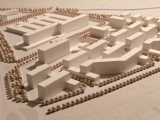 Maqueta del plan parcial para construir pisos y un hospital en la antigua prisión.