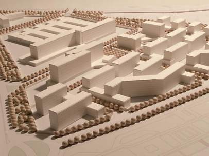 Maqueta del plan parcial para construir pisos y un hospital en la antigua prisión.