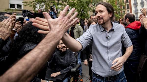 Iglesias, durante su primer mitin tras su baja paternal en Madrid. Iglesias, durante su primer mitin tras su baja paternal en Madrid.