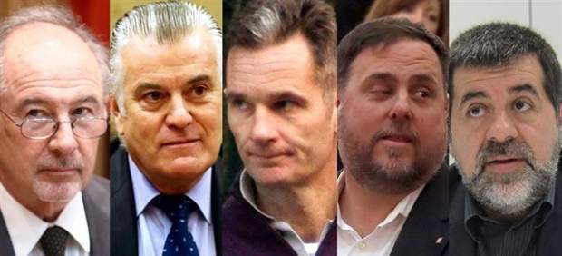 Rodrigo Rato, Luis Bárcenas, Iñaki Urdangarin, Oriol Junqueras y Jordi Sànchez.