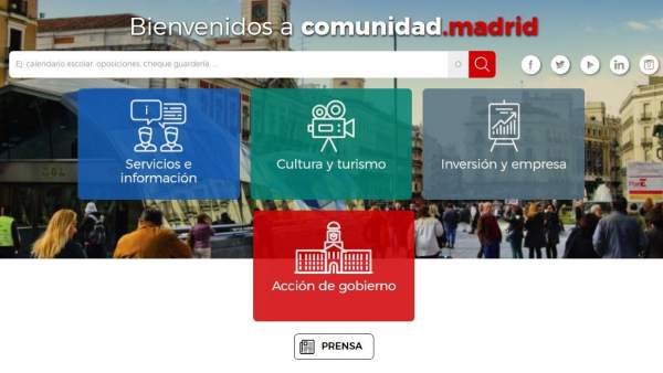 Vista de la página web de la Comunidad de Madrid. Vista de la página web de la Comunidad de Madrid.