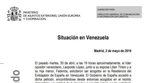 Comunicado de Exteriores sobre la situación en Venezuela con Leopoldo López. Comunicado de Exteriores sobre la situación en Venezuela con Leopoldo López.