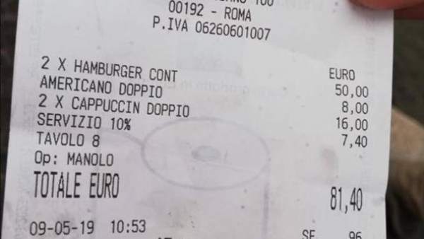 Ticket del Caffè Vaticano publicado en redes por dos turistas Ticket del Caffè Vaticano publicado en redes por dos turistas