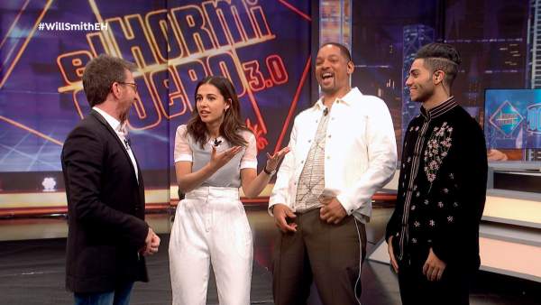 Naomi Scott, Mena Massoud y Will Smith, en 'El hormiguero'. Naomi Scott, Mena Massoud y Will Smith, en 'El hormiguero'.