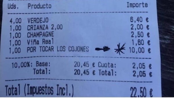 Ticket en el que le cobran a un cliente diez euros "por tocar los cojones" Ticket en el que le cobran a un cliente diez euros "por tocar los cojones"