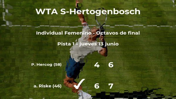 alison Riske consigue clasificarse para los cuartos de final del torneo WTA International de 's-Hertogenbosch alison Riske consigue clasificarse para los cuartos de final del torneo WTA International de 's-Hertogenbosch
