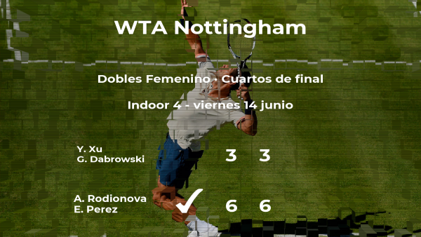 Las tenistas Rodionova y Perez vencen en los cuartos de final del torneo WTA International de Nottingham Las tenistas Rodionova y Perez vencen en los cuartos de final del torneo WTA International de Nottingham