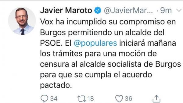 Maroto (PP) anuncia una moción de censura en el Ayuntamiento de Burgos tras el incumplimiento del pacto con Vox Maroto (PP) anuncia una moción de censura en el Ayuntamiento de Burgos tras el incumplimiento del pacto con Vox
