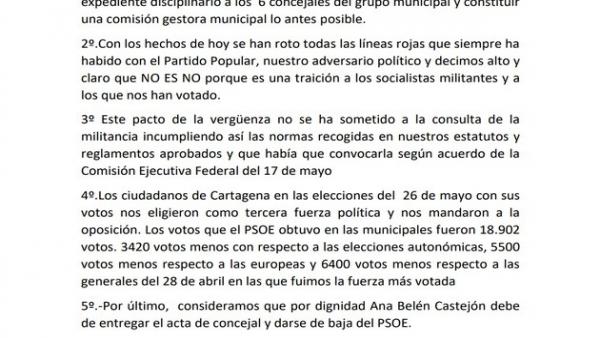 Agrupaciones del PSOE de Cartagena exigen a Castejón la entrega del acta de concejal y que se de baja del partido Agrupaciones del PSOE de Cartagena exigen a Castejón la entrega del acta de concejal y que se de baja del partido