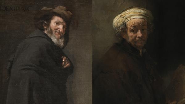 A la izquierda: 'Menipo'. Diego Velázquez. A la derecha: 'Autorretrato como el apóstol san Pablo'. Rembrandt van Rijn. A la izquierda: 'Menipo'. Diego Velázquez. A la derecha: 'Autorretrato como el apóstol san Pablo'. Rembrandt van Rijn.