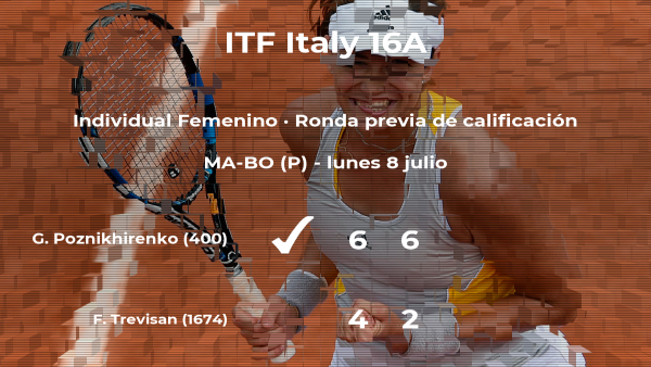La tenista Ganna Poznikhirenko consigue ganar en la ronda previa de calificación contra Federica Trevisan La tenista Ganna Poznikhirenko consigue ganar en la ronda previa de calificación contra Federica Trevisan