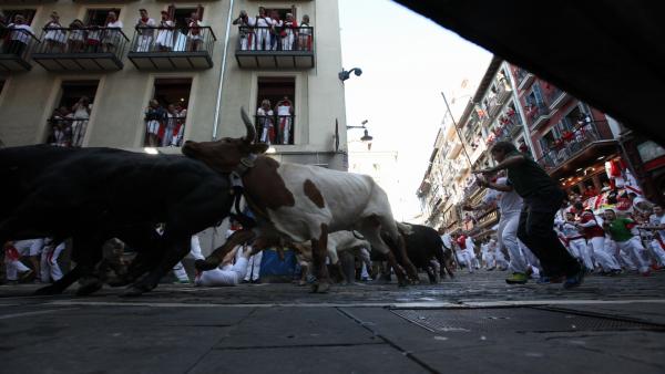 Quinto encierro de las Fiestas de San Fermín con toros de la Ganadería de Victoriano del Río Cortés. Quinto encierro de las Fiestas de San Fermín con toros de la Ganadería de Victoriano del Río Cortés.