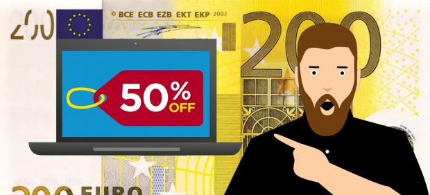 Montaje billete 200 euros, oferta, descuento, 50%