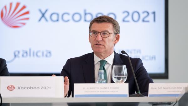 Alberto Núñez Feijóo interviene ante los medios tras la reunión de la comisión Organizadora del Xacobeo 2021. Alberto Núñez Feijóo interviene ante los medios tras la reunión de la comisión Organizadora del Xacobeo 2021.