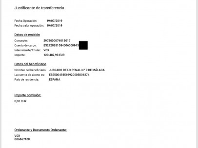 Detalle de la transferencia bancaria de Vox para el pago de poco más de 120.000 de los 180.000 euros de la indemnización