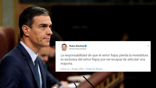 Pedro Sánchez frente a un tuit de 2016 sobre la investidura fallida de Rajoy. Pedro Sánchez frente a un tuit de 2016 sobre la investidura fallida de Rajoy.