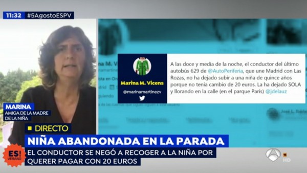 Fotgrama de 'Espejo Público' en el momento en el que la amiga de la familia de la menor denuncia los hechos. Fotgrama de 'Espejo Público' en el momento en el que la amiga de la familia de la menor denuncia los hechos.