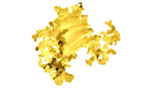 La imagen muestra una nanocapa de oro que tiene solo dos átomos de espesor. Ha sido coloreado artificialmente. La imagen muestra una nanocapa de oro que tiene solo dos átomos de espesor. Ha sido coloreado artificialmente.