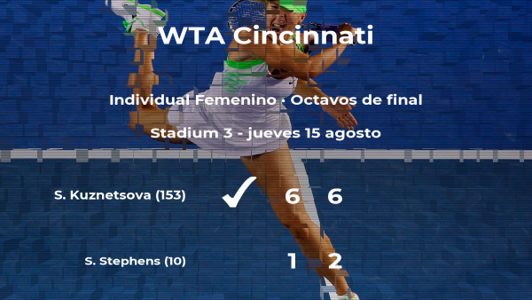 Svetlana Kuznetsova logra clasificarse para los cuartos de final a costa de la tenista Sloane Stephens Svetlana Kuznetsova logra clasificarse para los cuartos de final a costa de la tenista Sloane Stephens