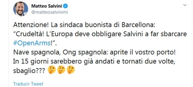 Tweet de Salvini sobre Colau