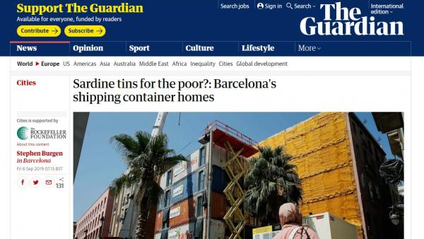Imagen del artículo de The Guardian sobre los pisos con contenedores de Barcelona Imagen del artículo de The Guardian sobre los pisos con contenedores de Barcelona